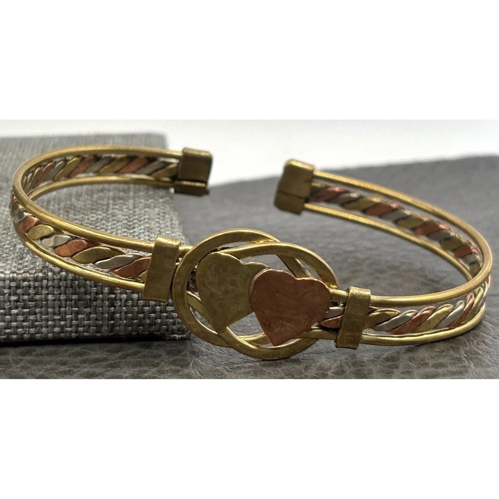 VTG Mixed Metal Double Heart Cuff Bracelet Tri-Tone Brass Silver Tone Copper 7"